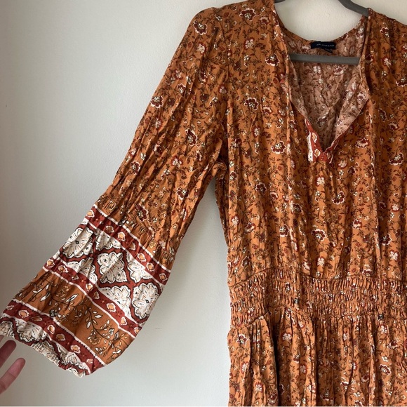 American Eagle Rust Floral Boho Mini Dress XL Bell Sleeve Smocked Waist Festival - Picture 2 of 12